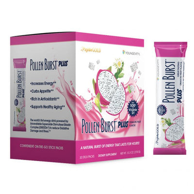 A box and stick pack of Pollen Burst Energy Drink in Dragon Fruit flavor. The packaging is predominantly pink with images of dragon fruit and pollen, highlighting the product's flavor and health benefits.